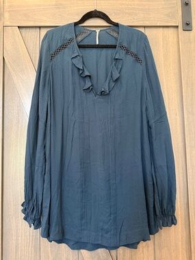 Free People Dark Teal Ruffle V-Neck Peasant Tunic